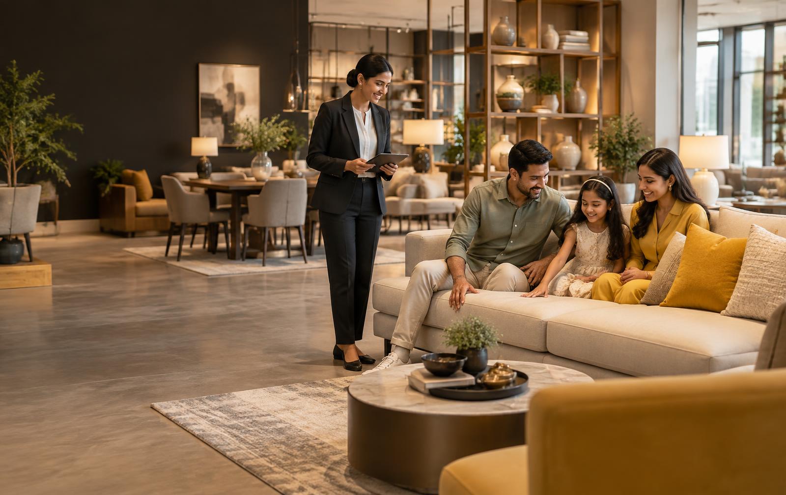 A family exploring furniture with a showroom consultant
