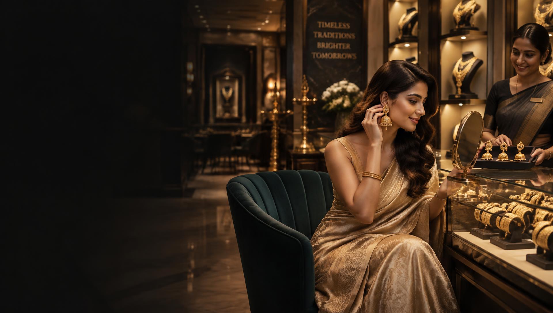 An Indian customer trying earrings with a showroom associate in a jewellery showroom