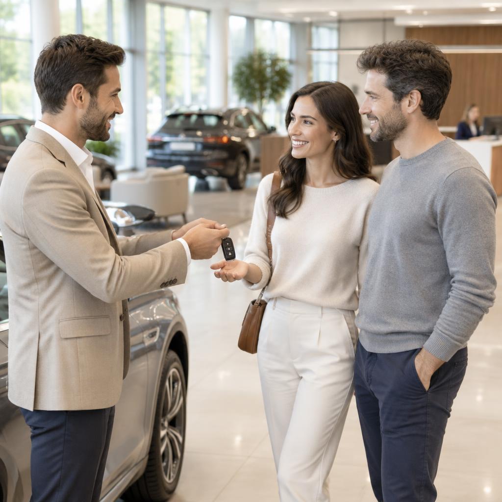 Sales consultant handing car keys to customers in a showroom