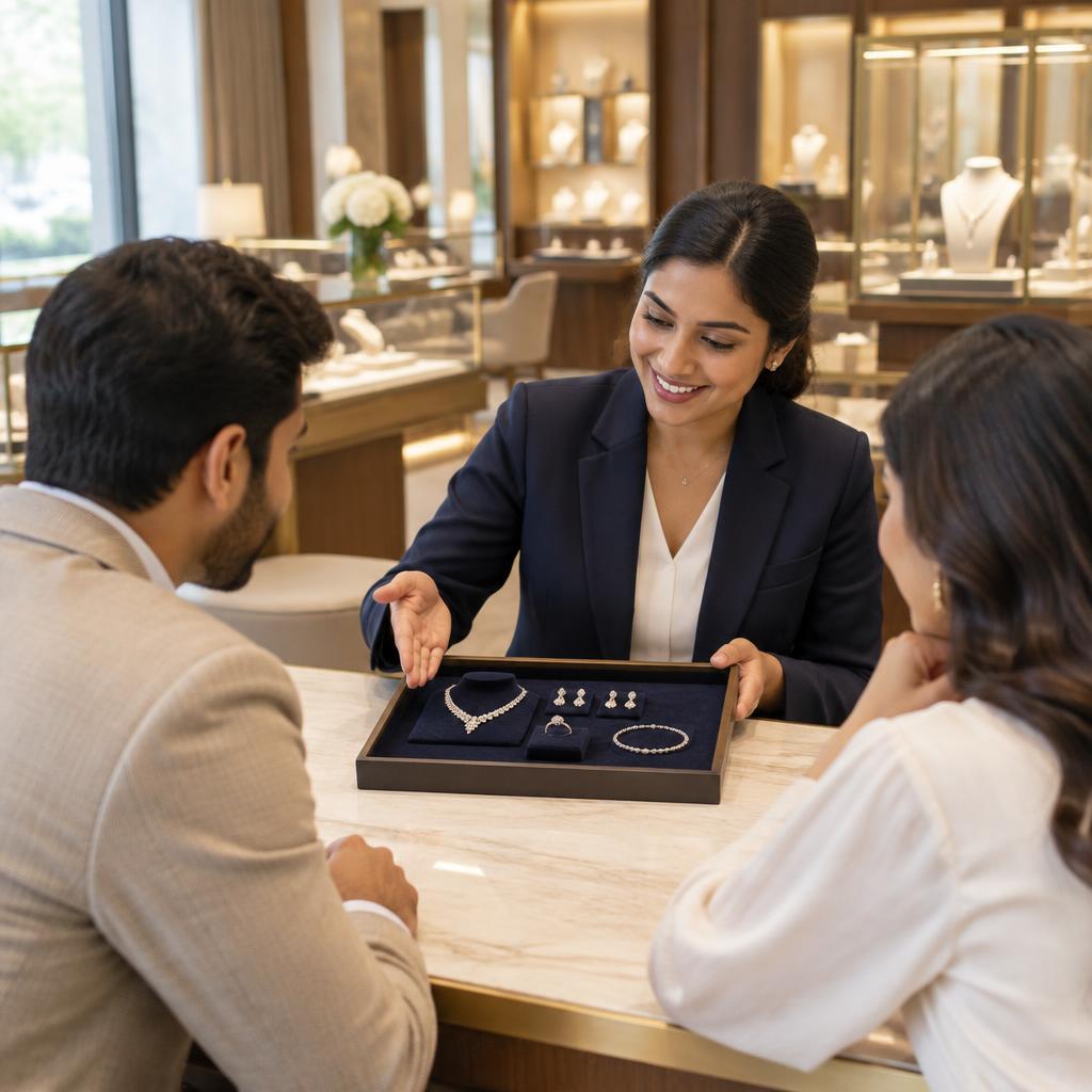 Jewellery consultant presenting a tray of pieces to customers