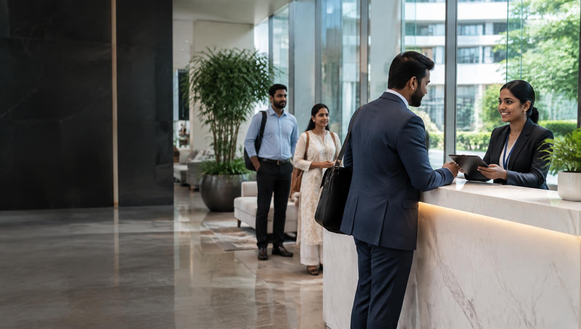 A receptionist welcoming a business guest at a Hai Visitor location
